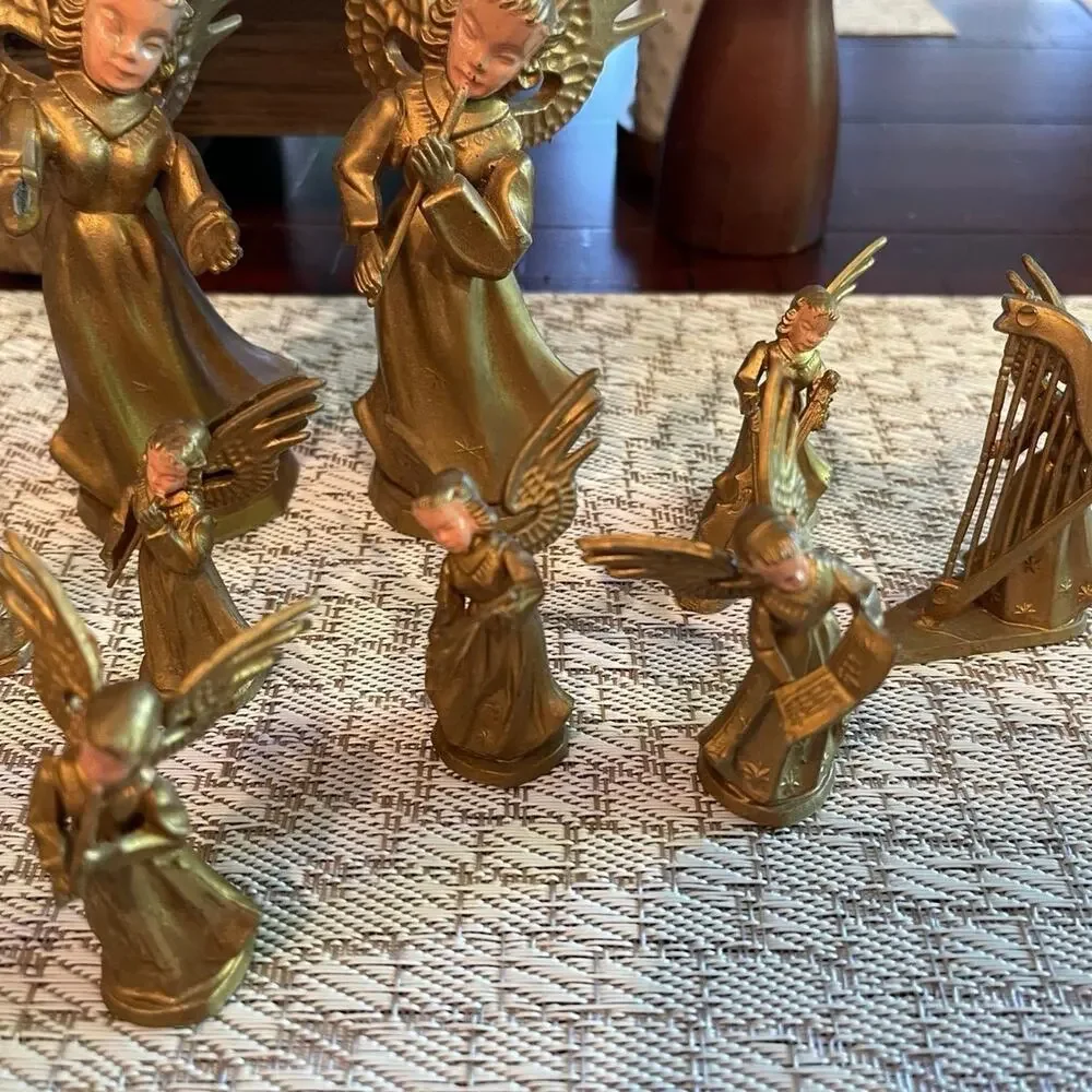 Vintage 50’s set of 8 gold  holiday angels plastic figurines Hong Kong